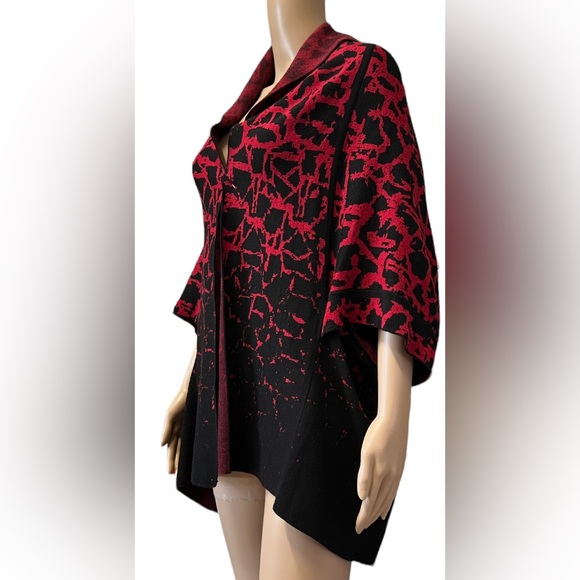 NWT Ming Wang Red Black Jacquard Knit Shawl Collar Kimono Sleeve Open Sz L/XL - Picture 4 of 8